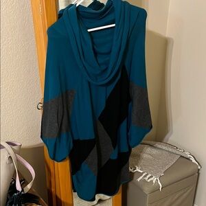 Teal and Black Cowl Neck Poncho